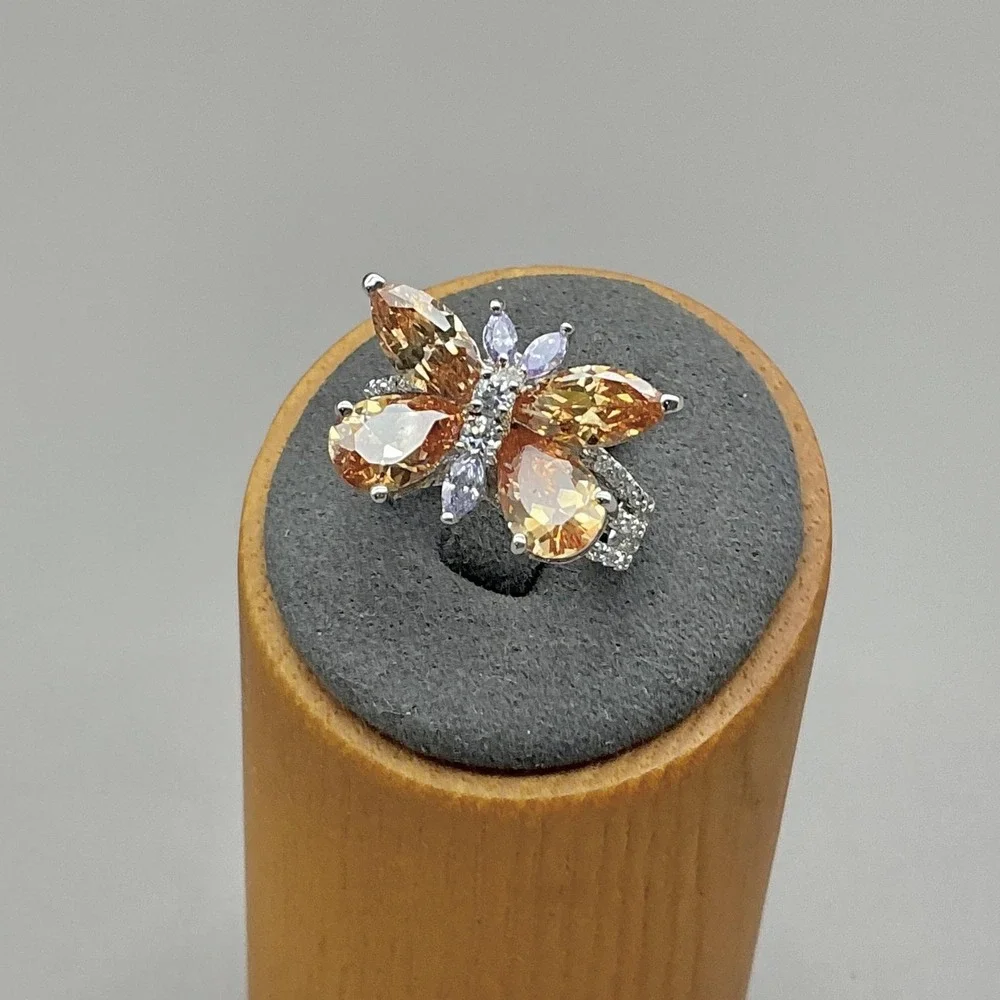 Ring Size 10 Silver Tone Yellow Champagne Butterfly Crystal Cocktail Womens
